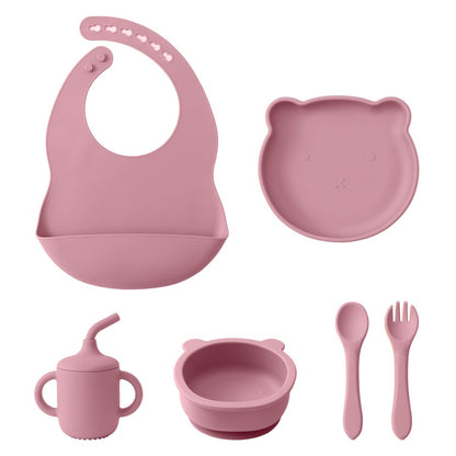Color Kids Silicone Baby Feeding Set Adjustable Bib Cartoon Bear Shape Sucker Bowl Plate Portable Cup Utensils Tableware Sets
