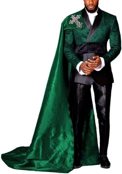 Customized Black Jacquard Shawl Lapel Jacket Pant Cape Groom Wedding Tuxedos Luxuly Male Prom Party Blazers Handsome Ropa Hombre
