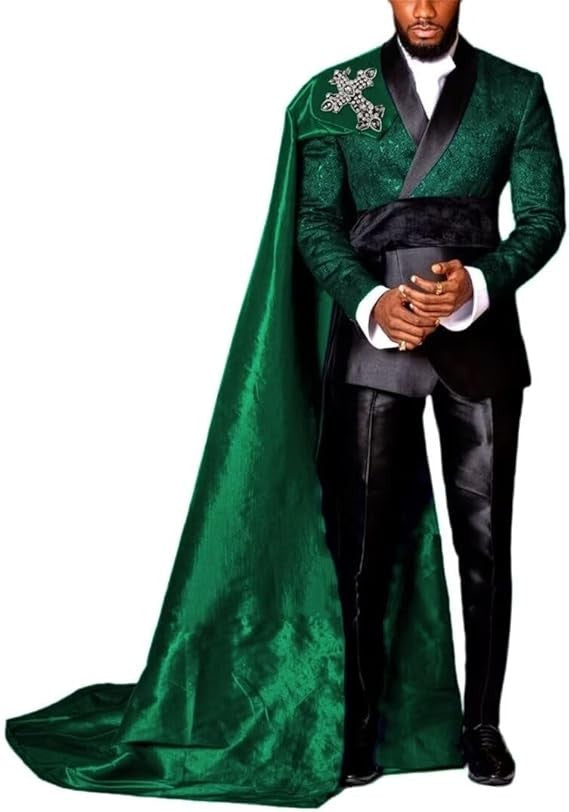 Customized Black Jacquard Shawl Lapel Jacket Pant Cape Groom Wedding Tuxedos Luxuly Male Prom Party Blazers Handsome Ropa Hombre