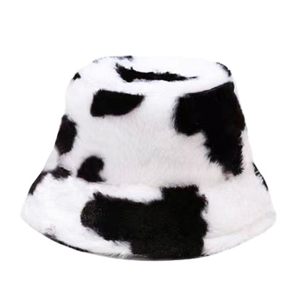 Winter Bucket Hat Women's Fashion Milk Cow Grain Panama Warm Hats Female Vintage Faux Fur Fisherman Cap Hats For Women Casual