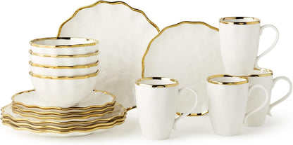 Regency Gold 16-Piece Dinnerware Set – Elegant Gold Rimmed Porcelain Plates, Bowls & Mugs – Service for 4 – Sophisticated Dining