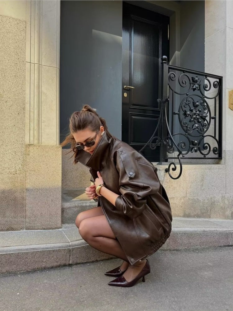 NERHEFZ Women Leather Jacket with Zipper Autumn Asymmetry Turn Down Collar Long Sleeve Button Lady Coats Causal Female Chic Tops