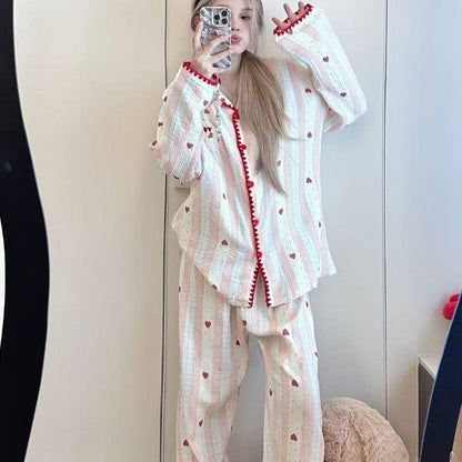 Plus Size Pajamas 2 Pieces Set Y2K Striped Strawberry Print Casual Korean Sweet Soft Women's Pajamas Autumn Winter New Homewear