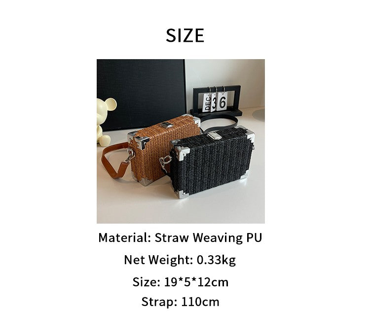 Couple's Sling Bag Straw Weaving with Corner Metal Decoration Boxy Shape Doctor Bag for Date Back to School Party Shoulder Bag