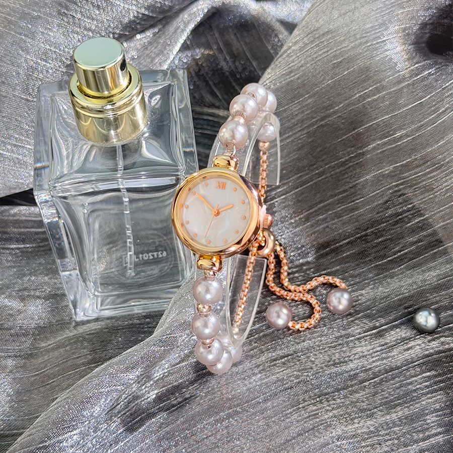 French Romantic Pearl Pull Cord Handheld Watch Elegant Small Fashion Bracelet Quartz Wristwatch Stylish Portable Timepiece