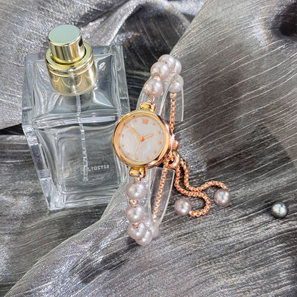 French Romantic Pearl Pull Cord Handheld Watch Elegant Small Fashion Bracelet Quartz Wristwatch Stylish Portable Timepiece