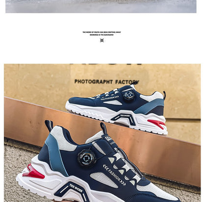 Tênis masculino coreano com fivela rotativa, moda casual, esportivo, para as quatro estações, solado macio, antiderrapante, para corrida ao ar livre, tênis de estudante