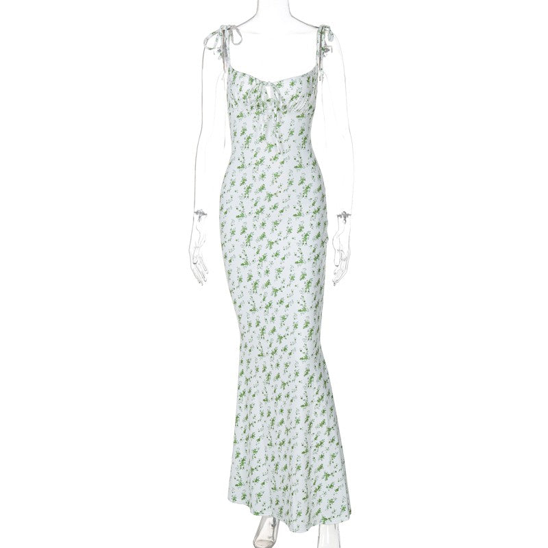 Hugcitar Floral Print Sleeveless Backless Slips Lace Up Maxi Dress Sexy Bodycon