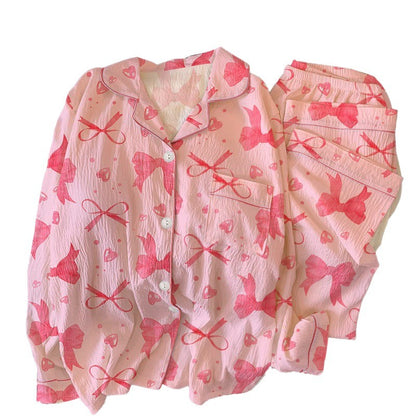 Women's Pajamas Set Bow Print Sleepwear Button Down Tops Long Pajama 2 Piece Suit Pyjama Femme Nightwear Loungewear for Winter