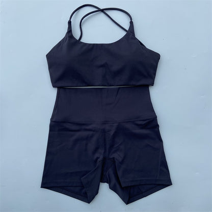 Yoga Shorts Set Gym Two Piece Sports Set Women Workout Outfit Fitness Suit Cross Straps Bra High Waist Shorts Running Tracksuit