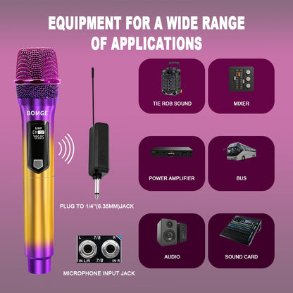 Sistema de Microfone Sem Fio para Karaokê e DJ, Profissional, 2 Canais, com Microfone Roxo Colorido e Receptor Sem Fio Recarregável para Festas e DJs