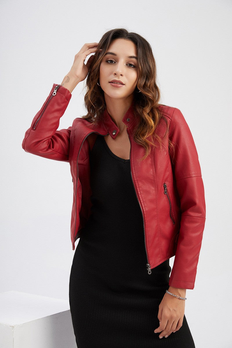 Faux Leather Jacket Women 2025 Autumn Spring Women's Moto Biker Jacket Red Black Coat Outerwear Brown Purple Blue 3xl 4xl Coffee