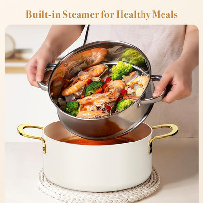 Ceramic Cookware Set 15-Pieces, Pots and Pans Set Non Stick, Oven Safe Non Toxic, Kitchen Cookware Set, PFOA PTFE FREE, Gold Wh