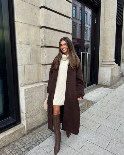 Brown Women Retro Woolen Warm Overcoat Solid Lapel Waist Cinching Single Breasted Loose Coat 2025 Lady Winter Street Warm Wear