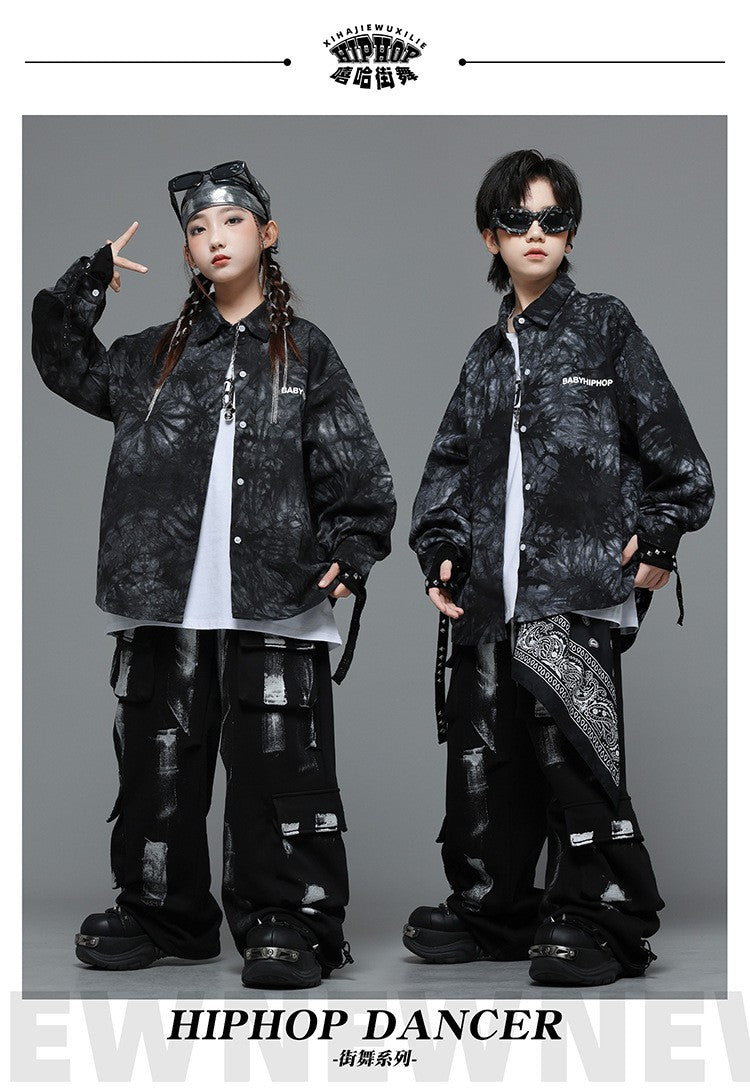 Roupas Infantis Hip Hop Casaco Brilhante Preto Top Calças Jogger Pretas de Rua para Meninas Meninos Fantasia de Dança Jazz Roupas