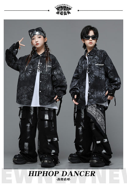 Roupas Infantis Hip Hop Casaco Brilhante Preto Top Calças Jogger Pretas de Rua para Meninas Meninos Fantasia de Dança Jazz Roupas