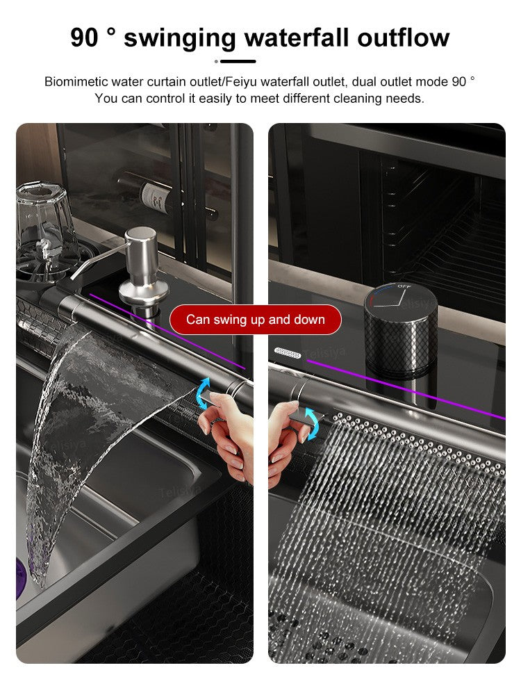 Stainless Steel kitchen Sink With Waterfall Golden Large Single Slot Multifunctional Digital Display Sinks 100*50CM