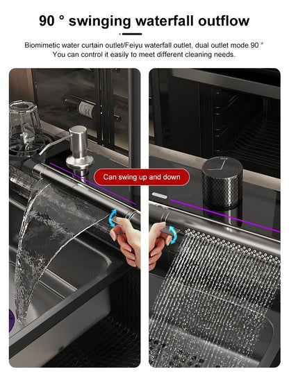 Stainless Steel kitchen Sink With Waterfall Golden Large Single Slot Multifunctional Digital Display Sinks 100*50CM