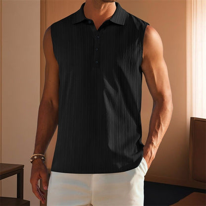 Men s Sleeveless Collared Tank Tops with Textured Stripes and Half Button-up Detail Solid Color Casual Shirts for Summer Wear