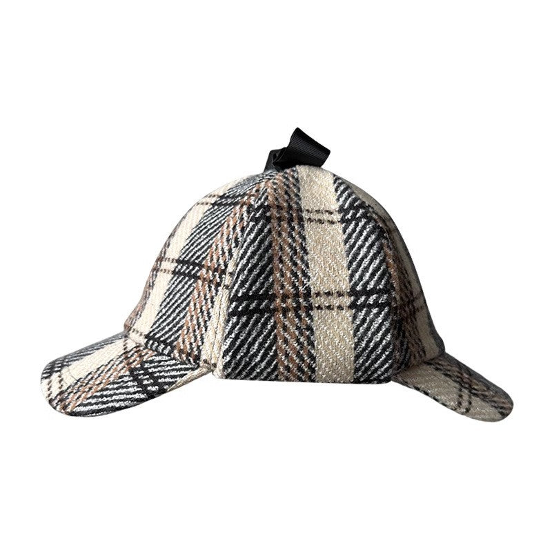 Unisex British-Style Sherlock Holmes Deerstalker Hat for Fall Winter Wool Blend Plaid Double Brim Ear-Warming, Trendy Detective