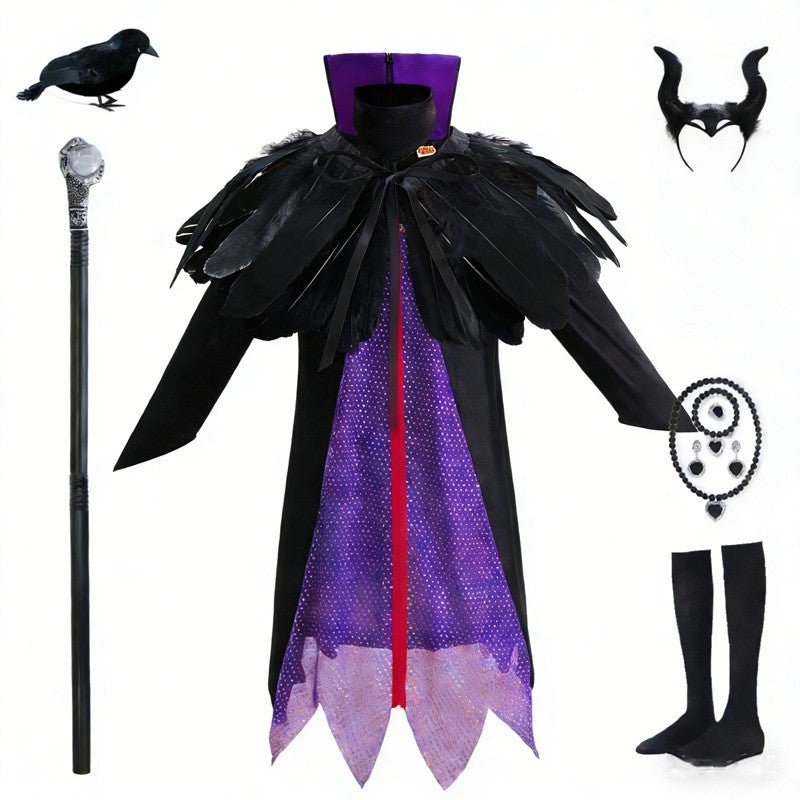 Halloween Costume Cartoon Maleficent Cosplay Dress Fancy Witch Disguise Robe Carnival Devil Queen Dot Tulle Frock