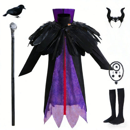 Halloween Costume Cartoon Maleficent Cosplay Dress Fancy Witch Disguise Robe Carnival Devil Queen Dot Tulle Frock