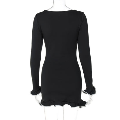 Dulzura O-Neck Long Sleeves Ruffles Patchwork Bodycon Mini Dress Sexy Elegant Ou