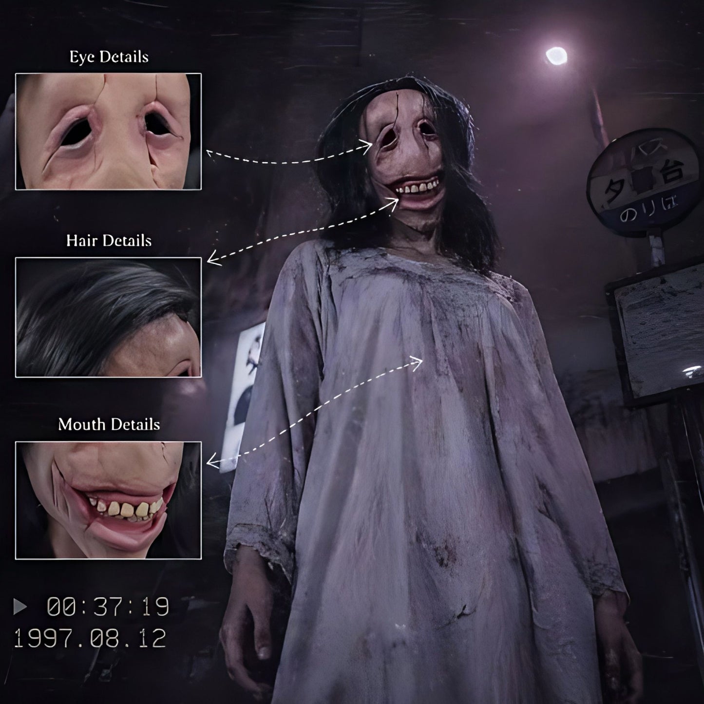 Scary Female Ghost Mask Long Hair Latex Mask Full Face Creepy Smile Halloween Cosplay Horror Party Haunted House Prop