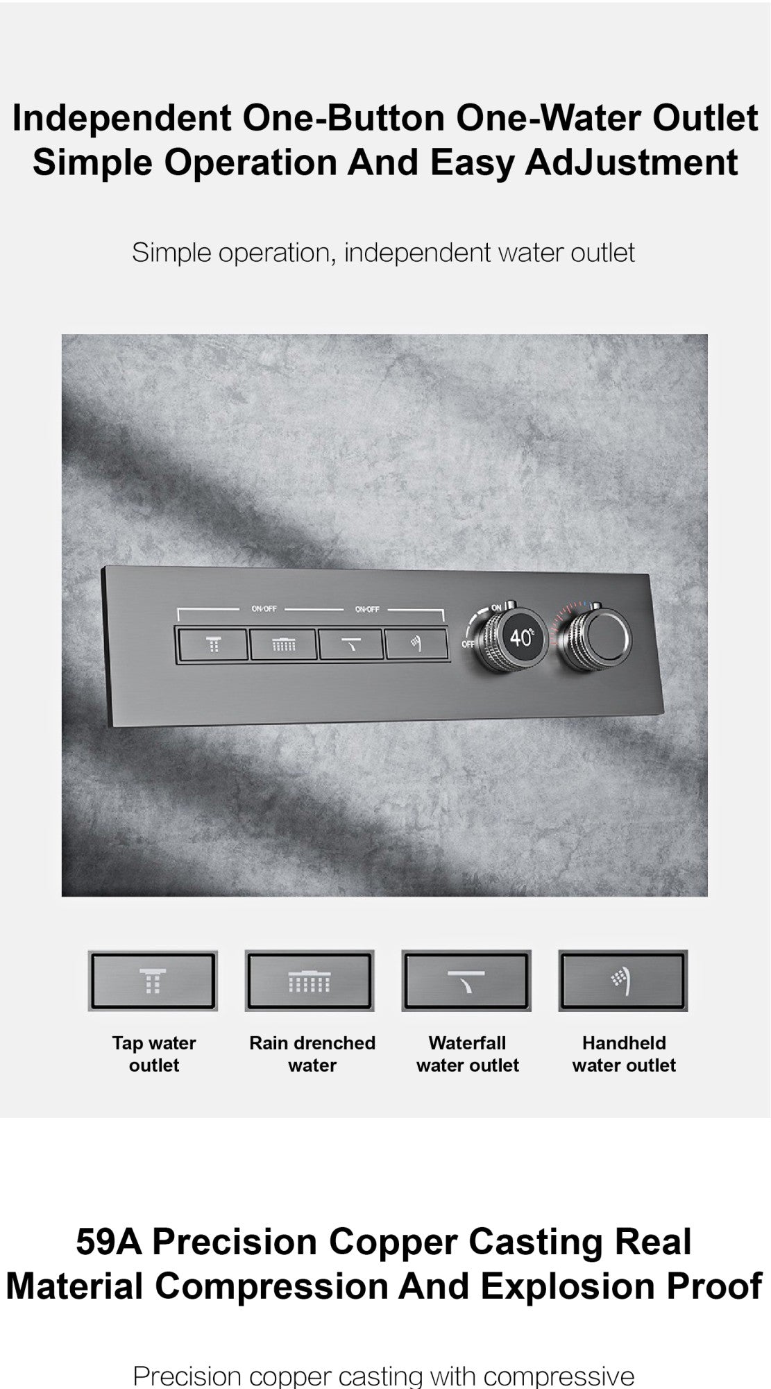 Luxury gun gray brass thermostatic shower system wall mounted LED digital display hot and cold water bathroom embedded faucet