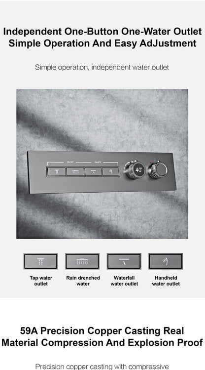 Luxury gun gray brass thermostatic shower system wall mounted LED digital display hot and cold water bathroom embedded faucet