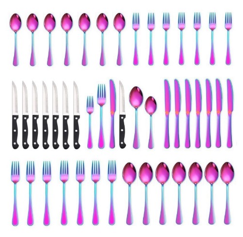 Conjunto de talheres de 48 peças com facas de carne para 8 pessoas, talheres de aço inoxidável espelhado, conjunto de utensílios laváveis na máquina de lavar louça