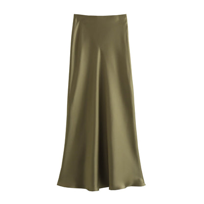 XNWMNZ Women's Fashion 2023 Flowing Satin Midi Skirt Women Vintage Elastic High