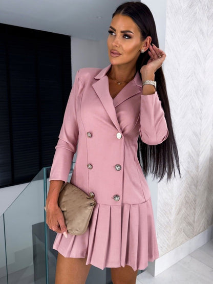 New Autumn Long-sleeve V-neck Slim Pleated Dress For Women Fashion Elegant Casual Solid Button Mini Dresses For Women Robe Femme