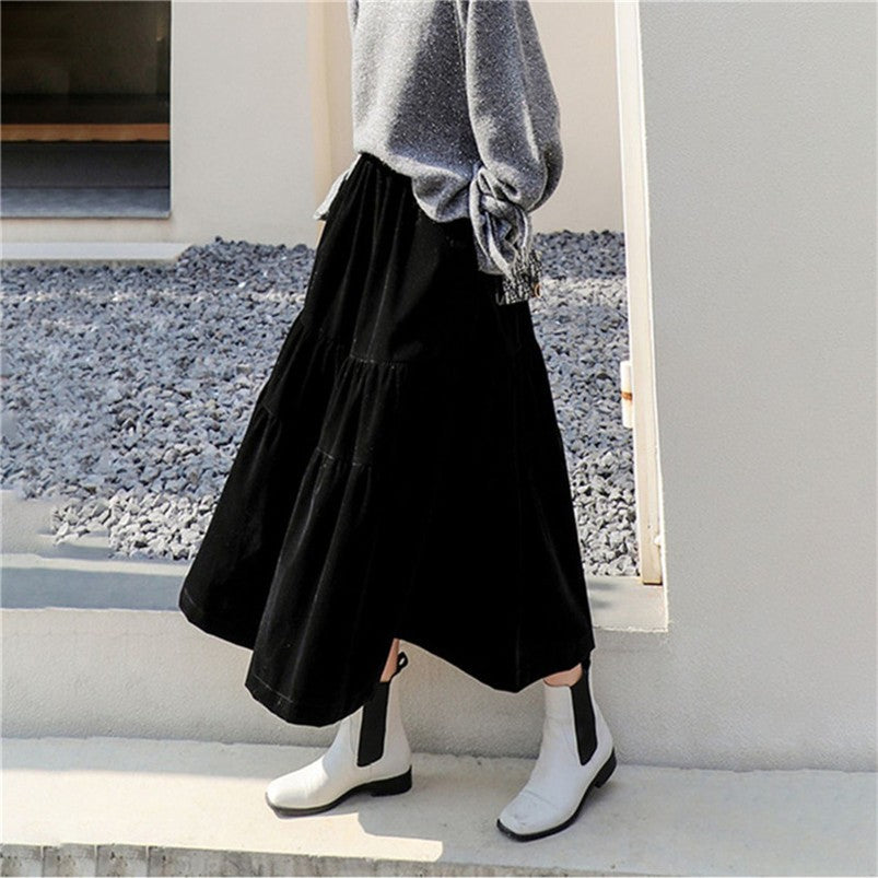 Preppy Style A-line Long Skirt Female Vintage Velvet Solid Skirt Autumn Winter Women Fashion High Waist Office Work Skirts 7XL