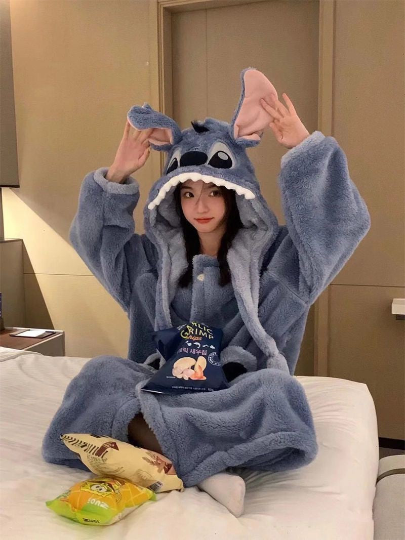 Disney Stitch Winter Pajamas Cartoon Autumn And Winter Cute Coral Thickened Velvet Long Home Clothes Pajamas Girls Home Clothes