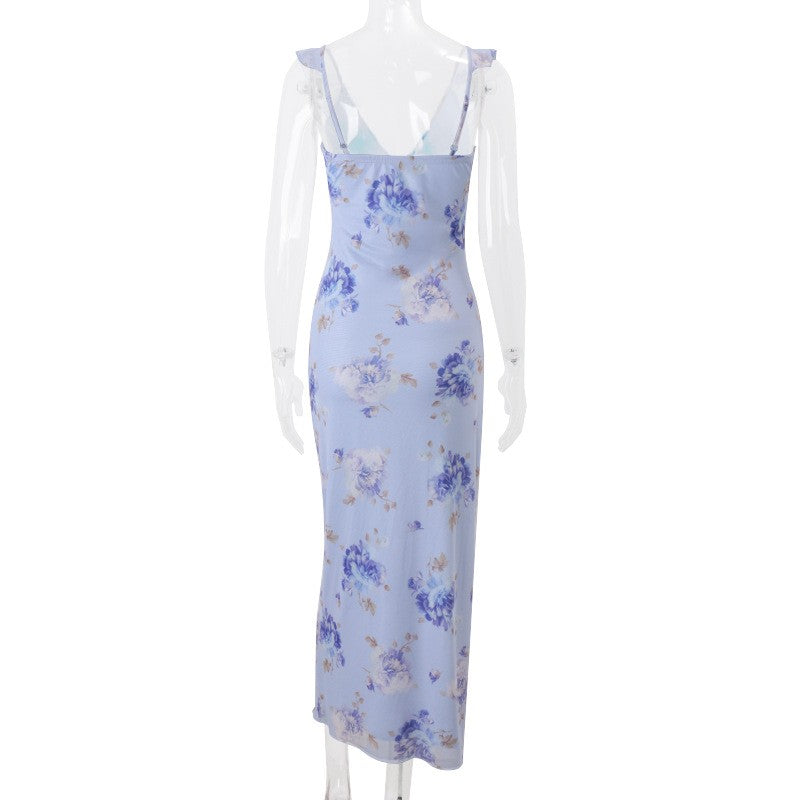 Cryptographic Summer Floral Print Plunge Maxi Dress Outfits Sexy Backless Fairy