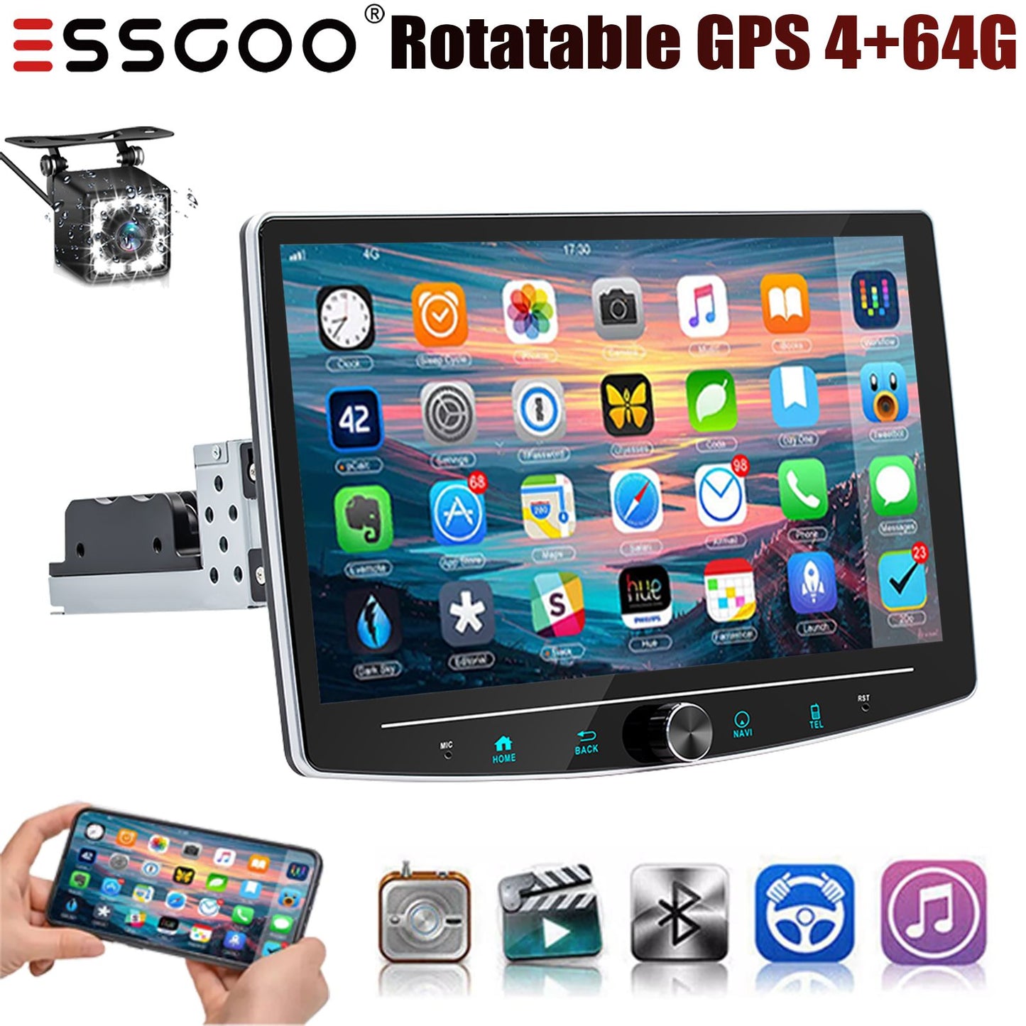 ESSGOO Single 1 Din Android 14.0 Rotatable 10.1" Apple Carplay Car Stereo Radio Player GPS Navi WIFI Wireless Android Auto FM BT