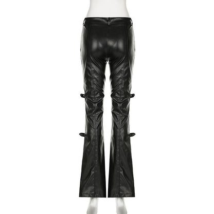 PU Leather Flare Pant Goth Buckle Lace Patchwork Pants Women Fashion Y2K Streetwear Vintage Aesthetics Casual Pants Trousers