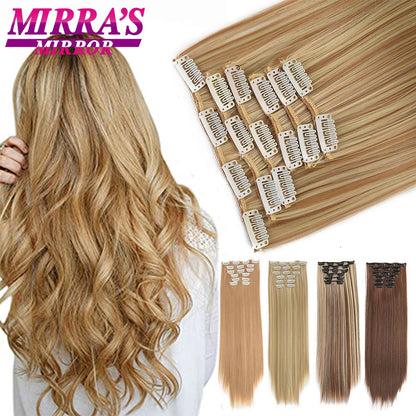 16 Presilhas em Extensões de Cabelo 60cm de Comprimento Liso Sintético Loiro Preto Peças de Cabelo Resistente ao Calor Cabelo Falso 6 Peças/Conjunto