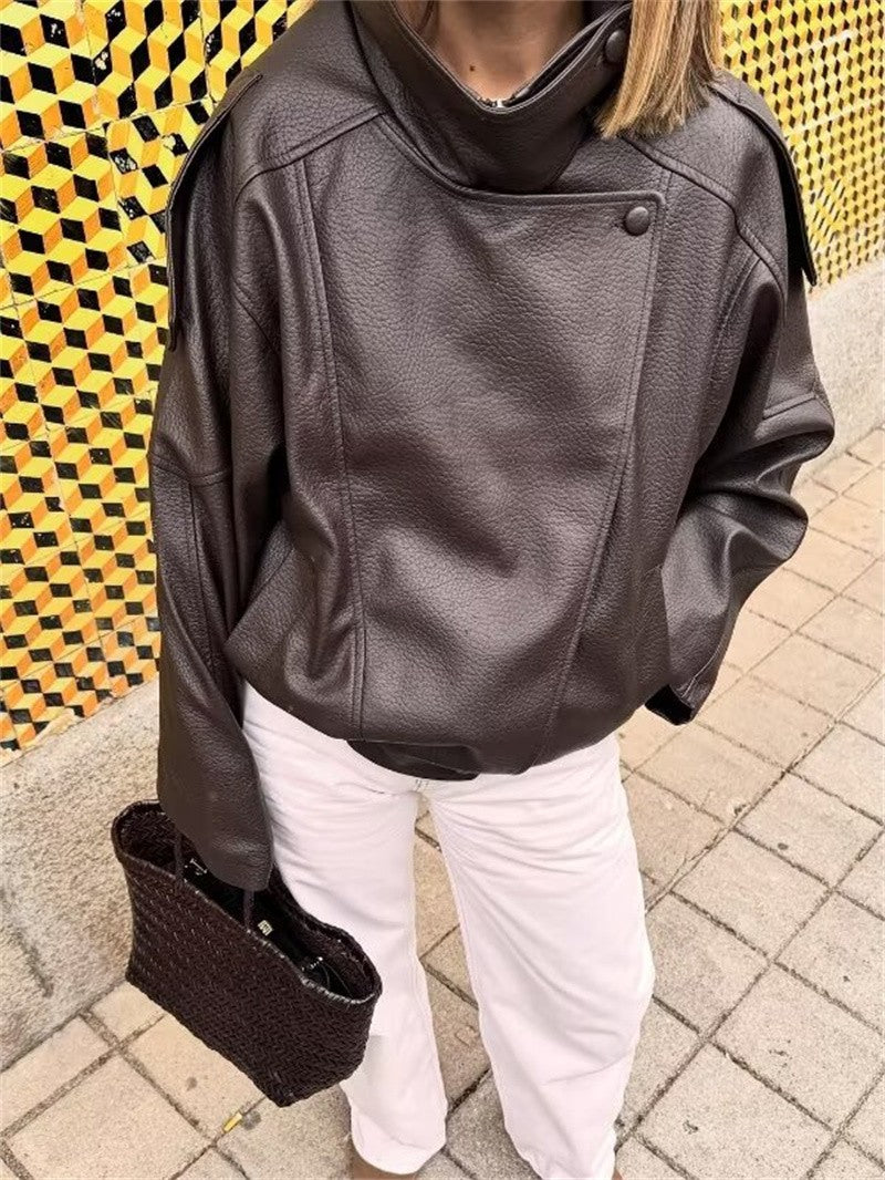 Women's Jacket Fall 2025 New Black Long Sleeve Pebble Faux Leather Jacket Motorcycle Style Personality Fashion