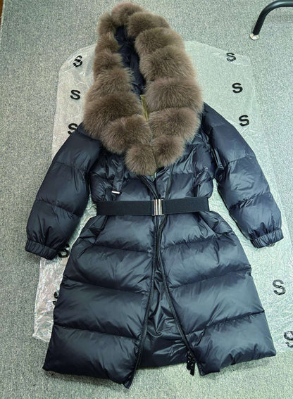 Janveny New Natural Thick Warm 90% White Duck Down Coat Long Winter Jacket Women Real Big Fox Fur Collar Belt Loose Puffer Parka