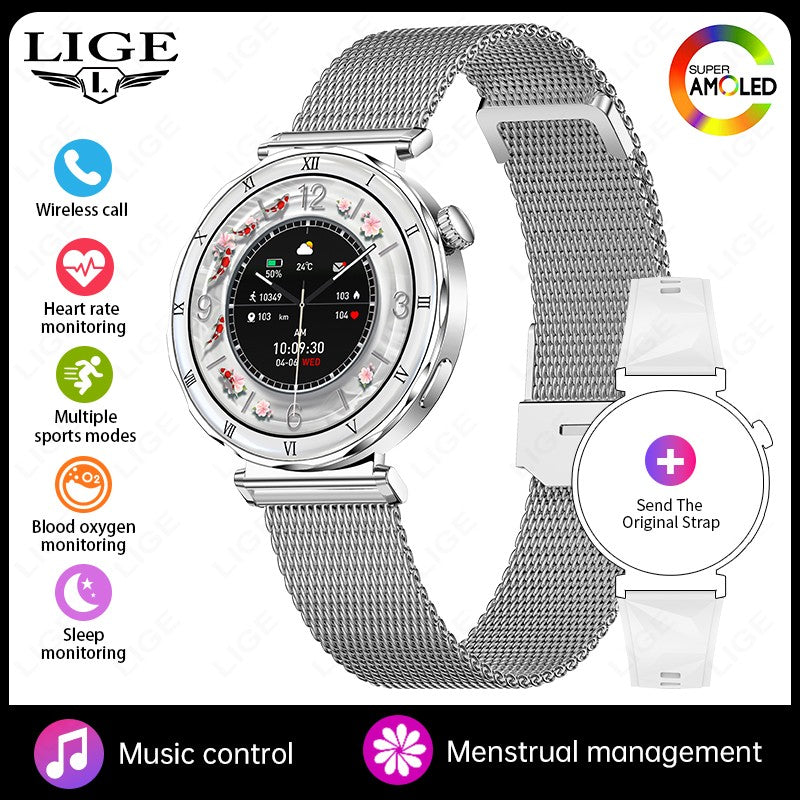 LIGE New Ultra Thin Smart Watch Women Screen Always Display Time Diamond Luxury Bracelet Voice Calling AMOLED Smartwatch Ladies