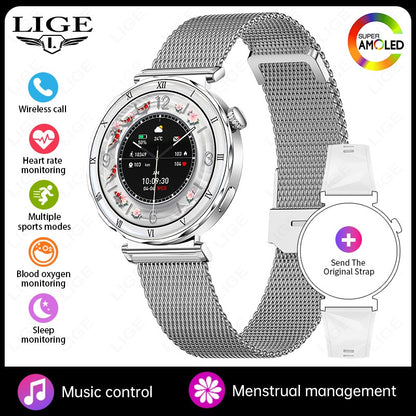 LIGE New Ultra Thin Smart Watch Women Screen Always Display Time Diamond Luxury Bracelet Voice Calling AMOLED Smartwatch Ladies