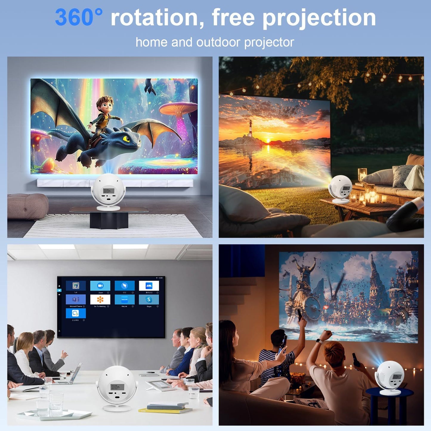XBJ Spherical Home Theater 4K Projector, Android WiFi 6 BT 5.0 Auto Keystone 360° Rotation Portable Video Projector for Outdoor