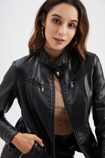 Women's Slim Leather Jacket, Stand-up Collar, Zipper Stitching, Monochromatic Coat, Fashion Clothing, New