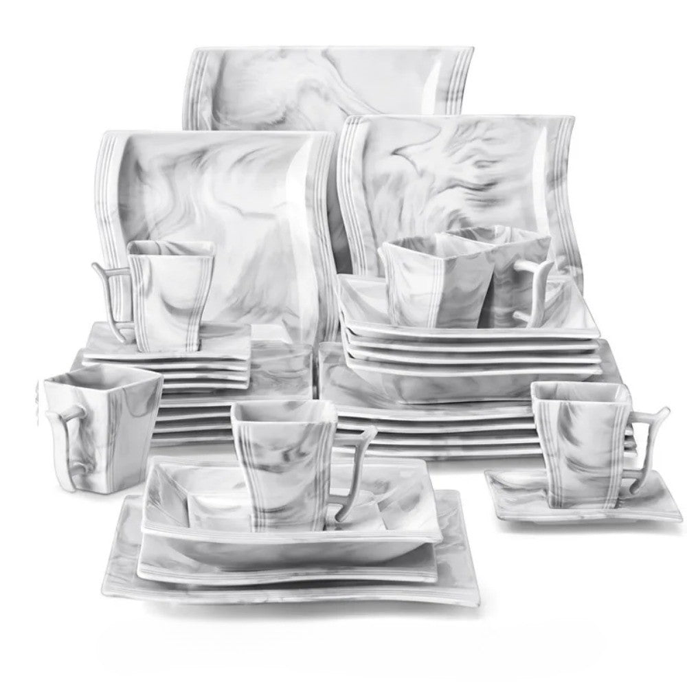 MALACASA FLORA 30PCS Marble Porcelain Dinnerware Set with 6 Piece Dinner Plate Dessert Plate Soup Plate Cups &Saucers