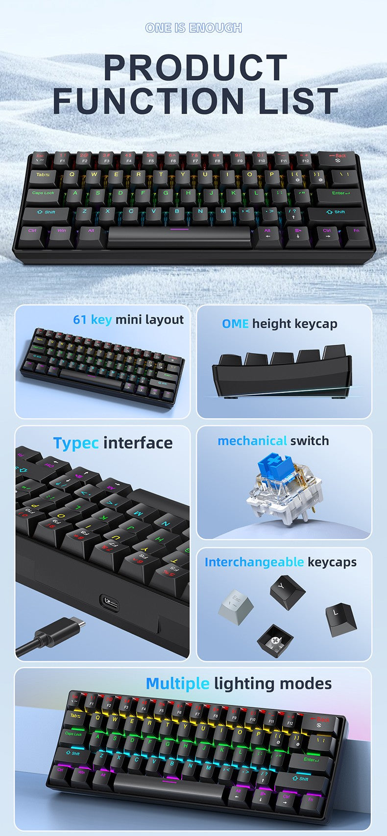 Mini Teclado Mecânico APAYADO K61, Com Fio, 61 Teclas, RGB Fantasma, Switch Mecânico Preto/Branco Vermelho/Azul para Jogos, 60% Portátil