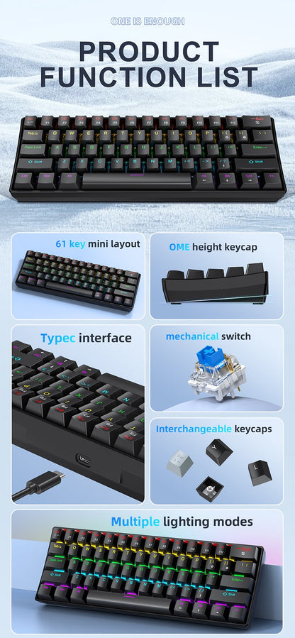 Mini Teclado Mecânico APAYADO K61, Com Fio, 61 Teclas, RGB Fantasma, Switch Mecânico Preto/Branco Vermelho/Azul para Jogos, 60% Portátil