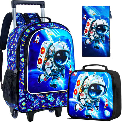 3PCS Rolling Backpack for Girls and Boys, Kids astronaut Wheeled Bookbag