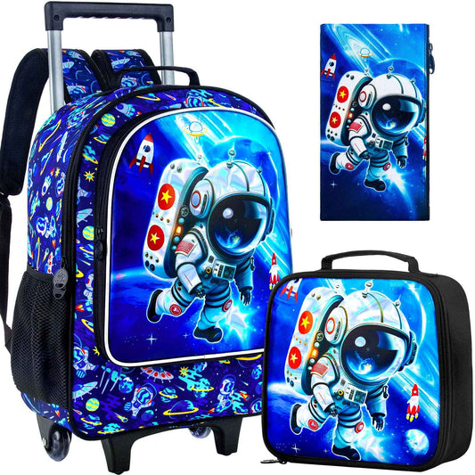 3PCS Rolling Backpack for Girls and Boys, Kids astronaut Wheeled Bookbag